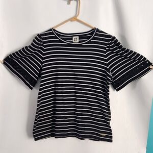 Anne Klein Black & White Striped Crew Neck Top with Inlaid "Lace" Short Sleeves